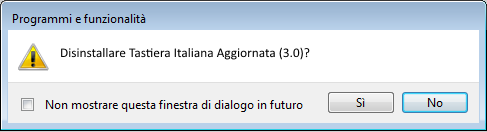 Pannello di Controllo: conferma per disinstallare