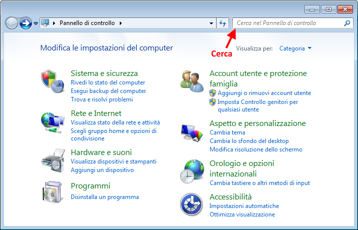 Search box in the Conptrol Panel