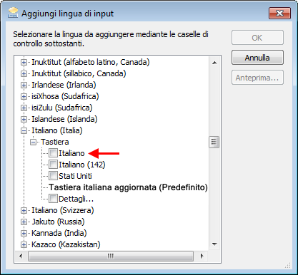 Pannello di Controllo: aggiungere lingua di input
