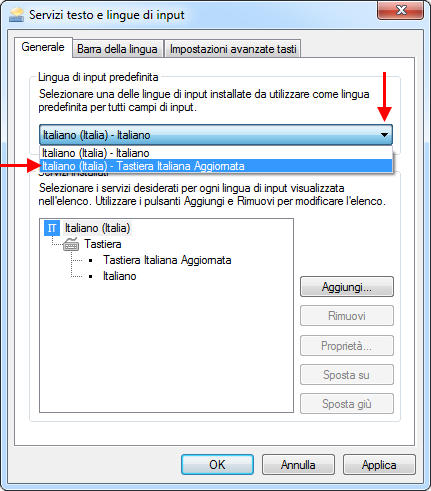 Servizi di testo e lingue di input: selezione della lingua predefinita