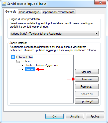 Servizi di testo e lingue di input: rimozione della tastiera non usata