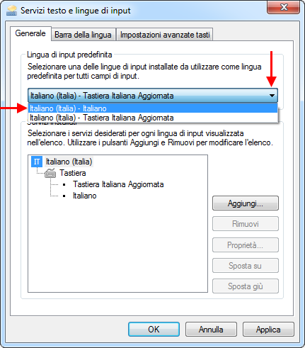 Servizi di testo e lingue di input: selezione della lingua predefinita