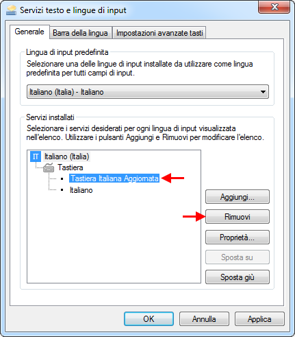 Servizi di testo e lingue di input: rimozione della tastiera non usata