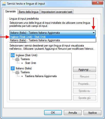 Servizi di testo e lingue di input: selezione della lingua predefinita