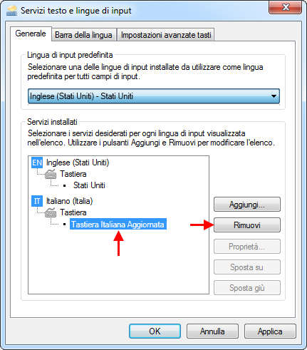 Servizi di testo e lingue di input: rimozione della tastiera non usata