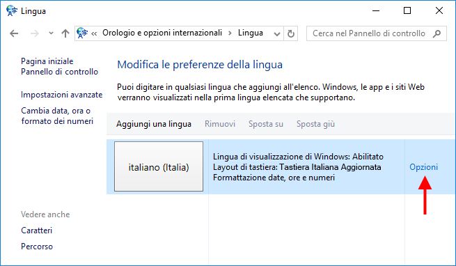 Opzioni lingua in Windows 10