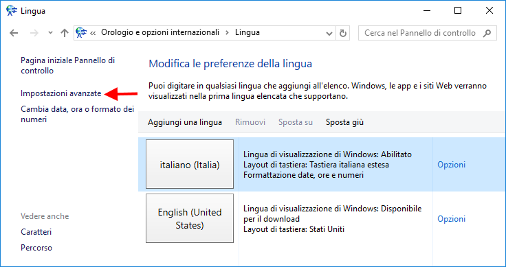 Opzioni lingua in Windows 10