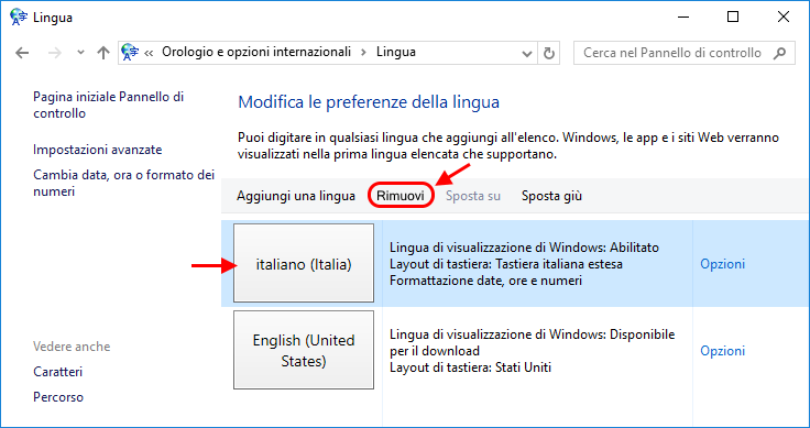 Opzioni lingua in Windows 10