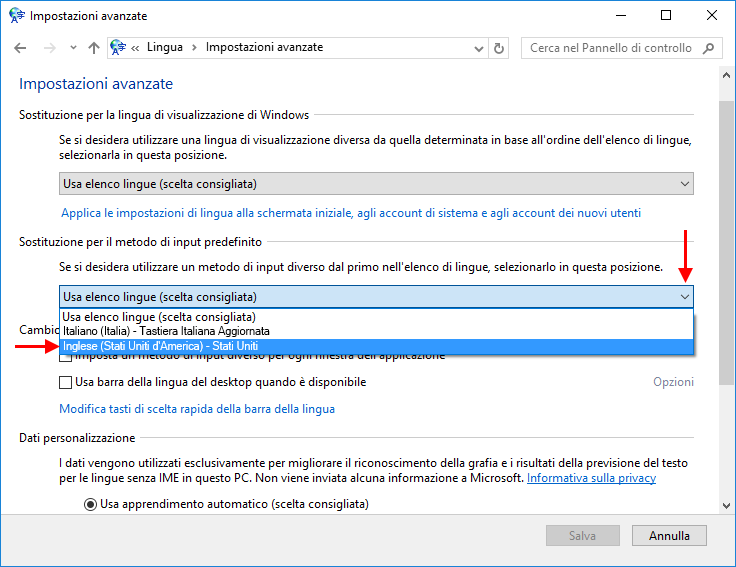Opzioni lingua in Windows 10