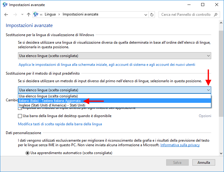 Opzioni lingua in Windows 10