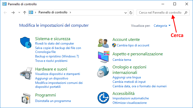 Funzione di ricerca in Pannello di Controllo