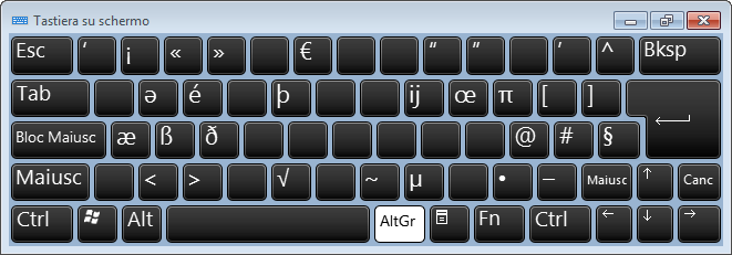 On-screen keyboard, with AltGr pressed