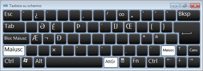Tastiera su schermo, con tasti Maiusc e AltGr premuti